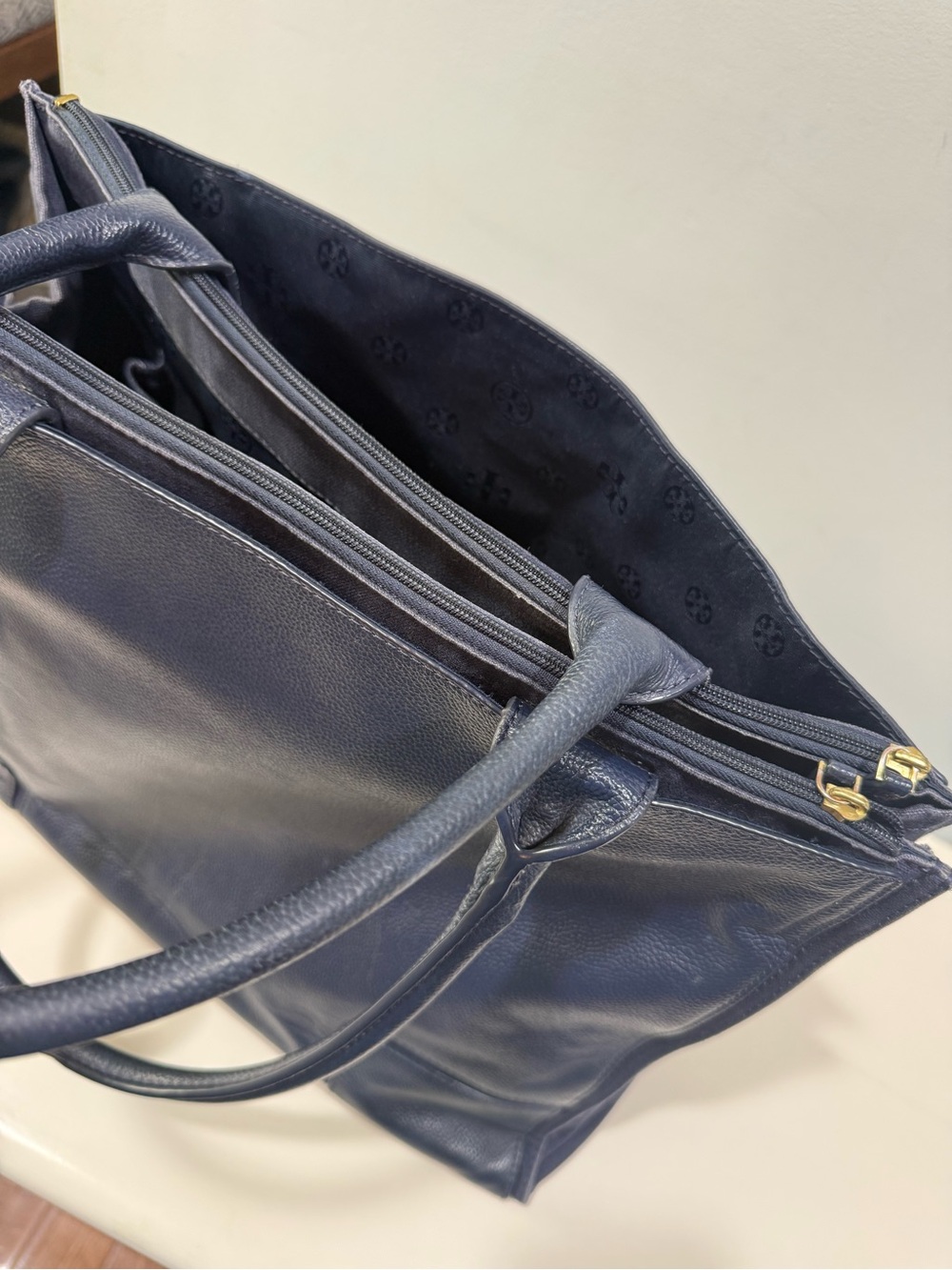 Tory Burch Ella Leather Canvas Large Tote Bag Navy Blue - Picture 11 of 16